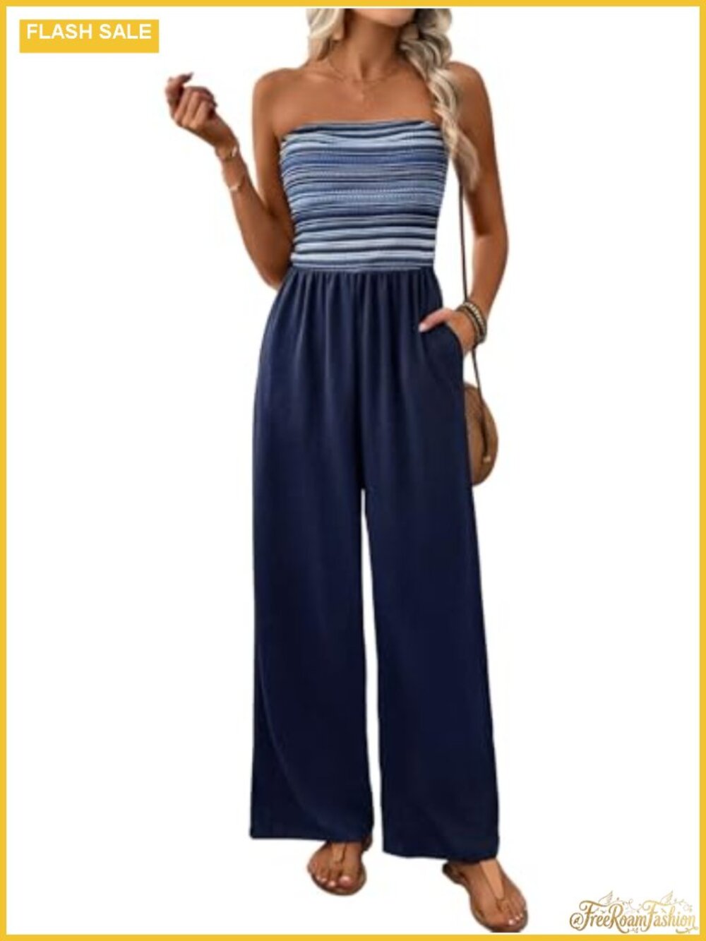 Women's Strapless Wide Leg Jumpsuit Romper with Pocket